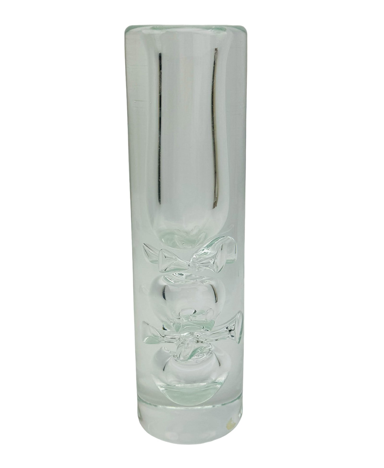 Jan Beranek Czech Studio Art Glass Cylinder Vase: Made by the Skrdlovice glassworks and designed by Jan Beranek ( Czechoslovakian, 20th Century ). Tubular shaped in manner and thick walled. Lower area with an encased complex design. Smooth high mirro