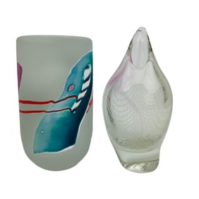 Abstract Frosted & Fishnet Case Art Glass Vase 2p
