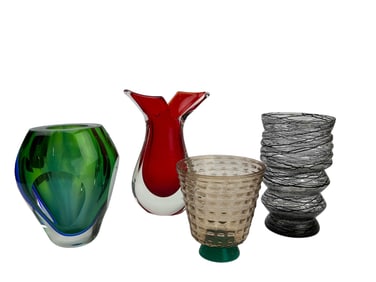 Murano Green Red Sommerso Threaded Glass Vase LOT