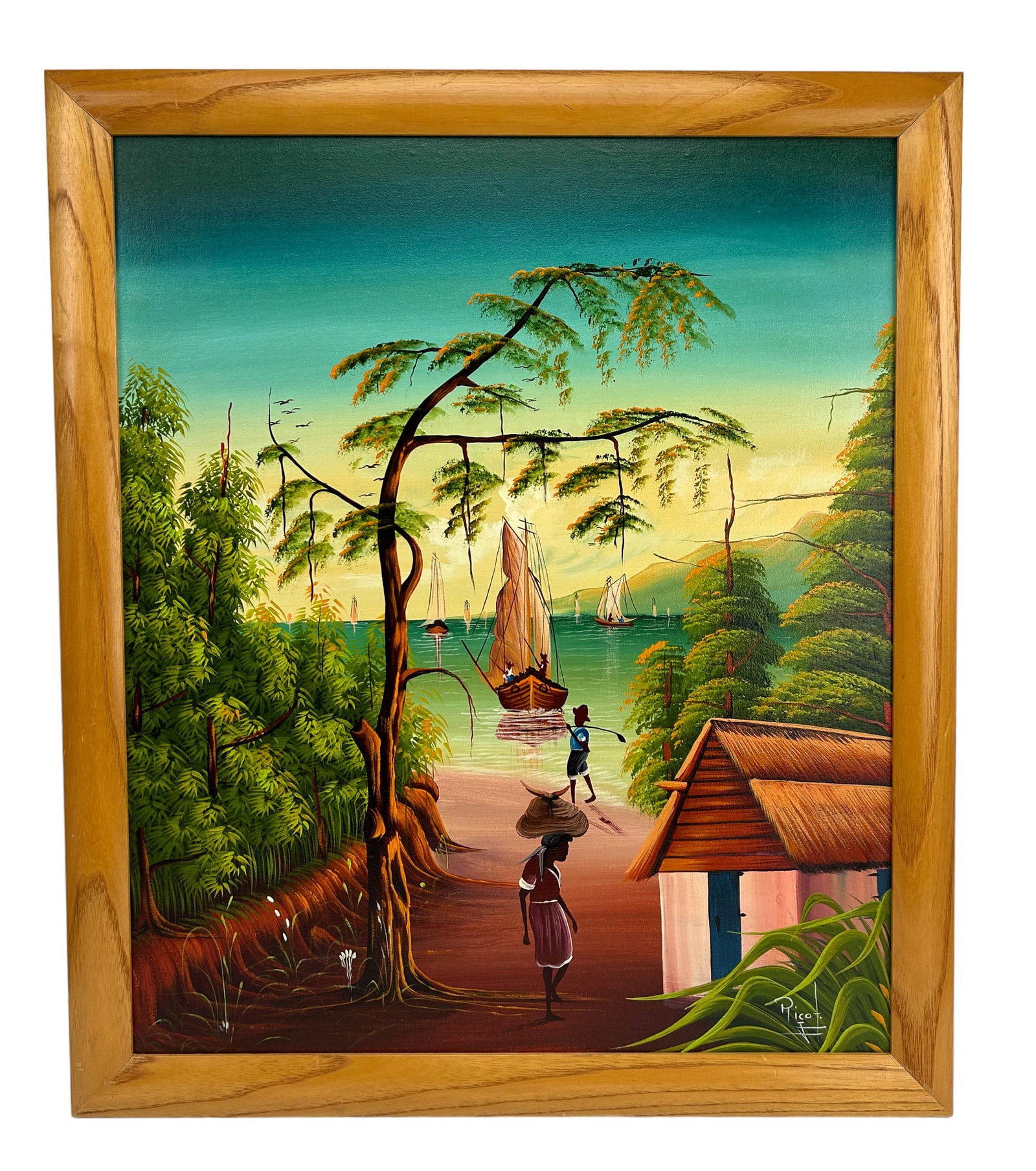 Haitian Folk Art Figural Seascape Painting SIGNED: 20th century Haitian oil painting on broad. Subject matter depicts figural, greenery and a coastal scene representing Caribbean local life. Signed by the artist lower right corner. Art presented in a 