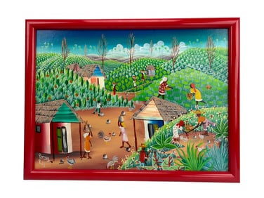 Haitian Folk Art Village Scene Oil Painting SIGNED