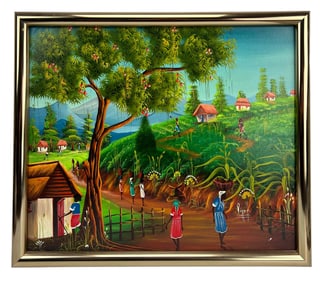 Haitian Folk Art Rural Village Oil Painting SIGNED