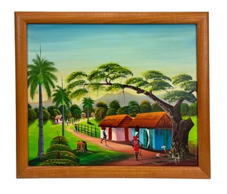 Haitian Folk Art Village Landscape Painting SIGNED