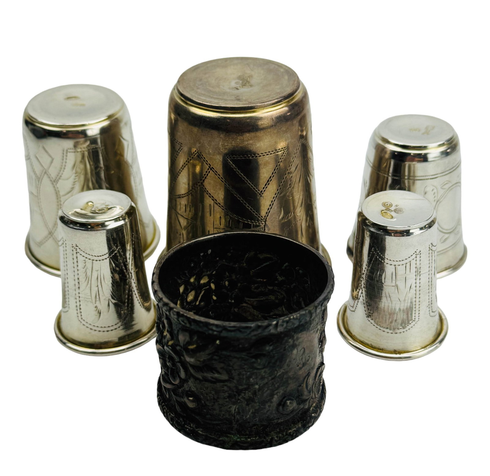 Tiffany Sterling Napkin Ring Russian 84 Vodka Cups: Estate collection lot of sterling 925 and Russian 84 silver grade collectible displays. Includes ~ One (1) Tiffany & Co Art Nouveau inspired round napkin holder with raised relief decorative floral pa