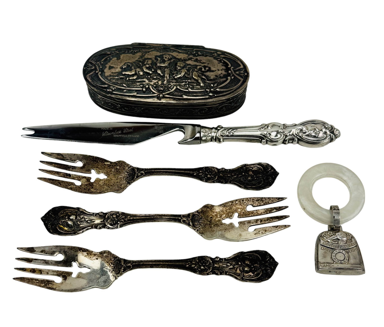 Reed Barton Crosby Sterling Fork 800 Silver Box 7p: Estate collection lot of sterling 925 and 800 silver flatware utensils, a teething bell and an oval storage box. Includes ~ Three (3) Antique Reed and Barton Francis I salad forks. One (1) Crosby ster