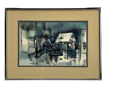 Renee Weinberg 20C Boat House Seascape Watercolor
