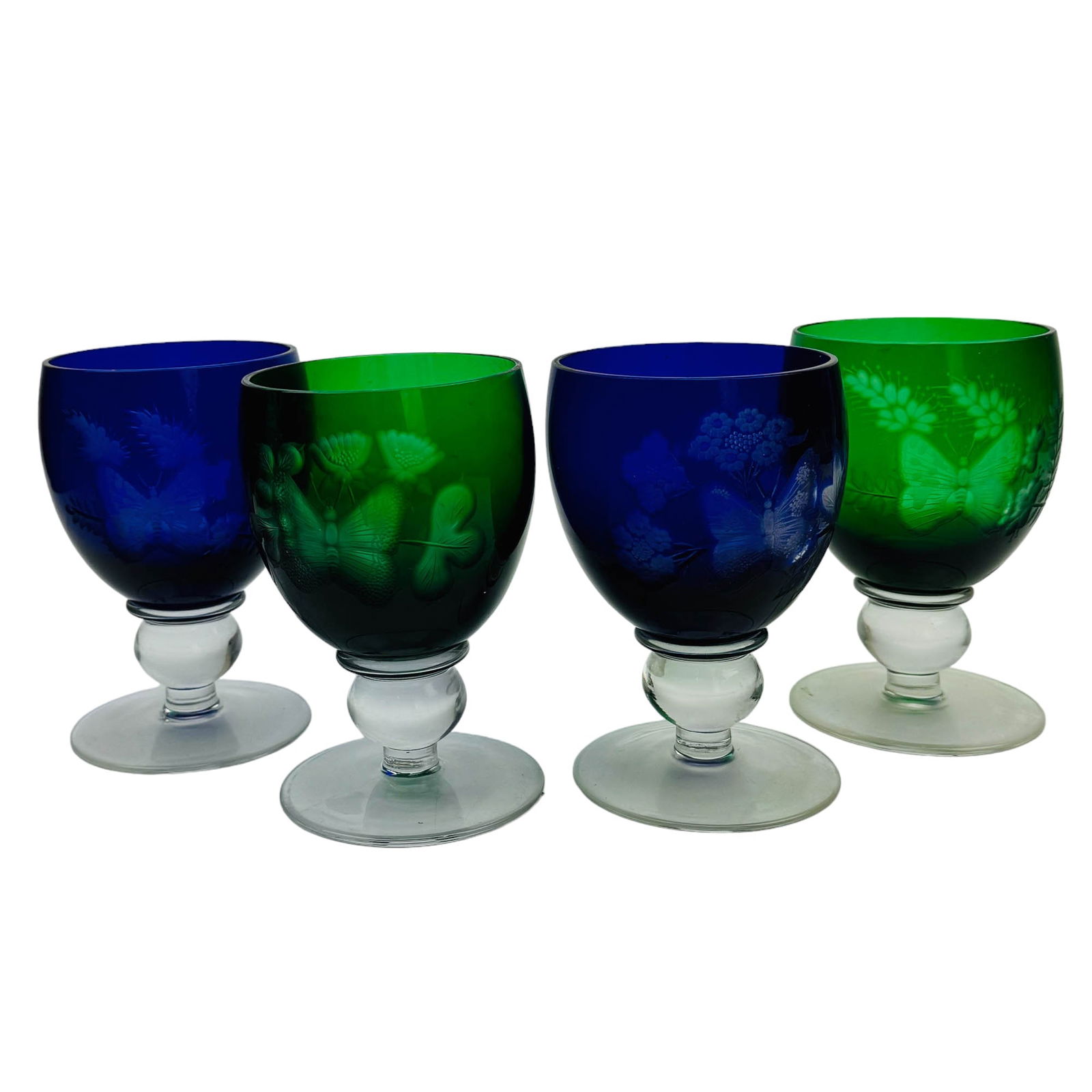 Bohemian Czech Style Cut Clear Wine Goblets 4p LOT: 20th century studio handcrafted art glass bar barware goblets. Includes ~ Two (2) Cobalt Blue and Two (2) Emerald Green. All feature a deeply engraved butterfly insect motif with floral decorations ag