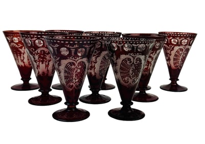 Bohemian Cranberry Red Cut Clear Water Goblet 10pc