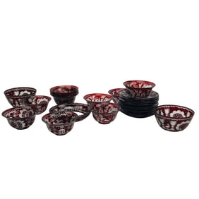 Bohemian Cranberry Cut Clear Bowl Saucer 24pc LOT