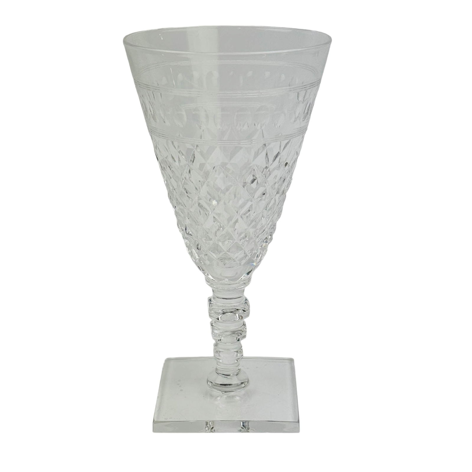 Hawkes Crystal Foley Water Drinking Goblets 10pc: Manufacturer : Hawkes. Country of origin : United States. Pattern : Foley. Status : Discontinued. Type : Glass Water Drinking Goblets. Design features concave ovals over a cross hatch pattern, the fac
