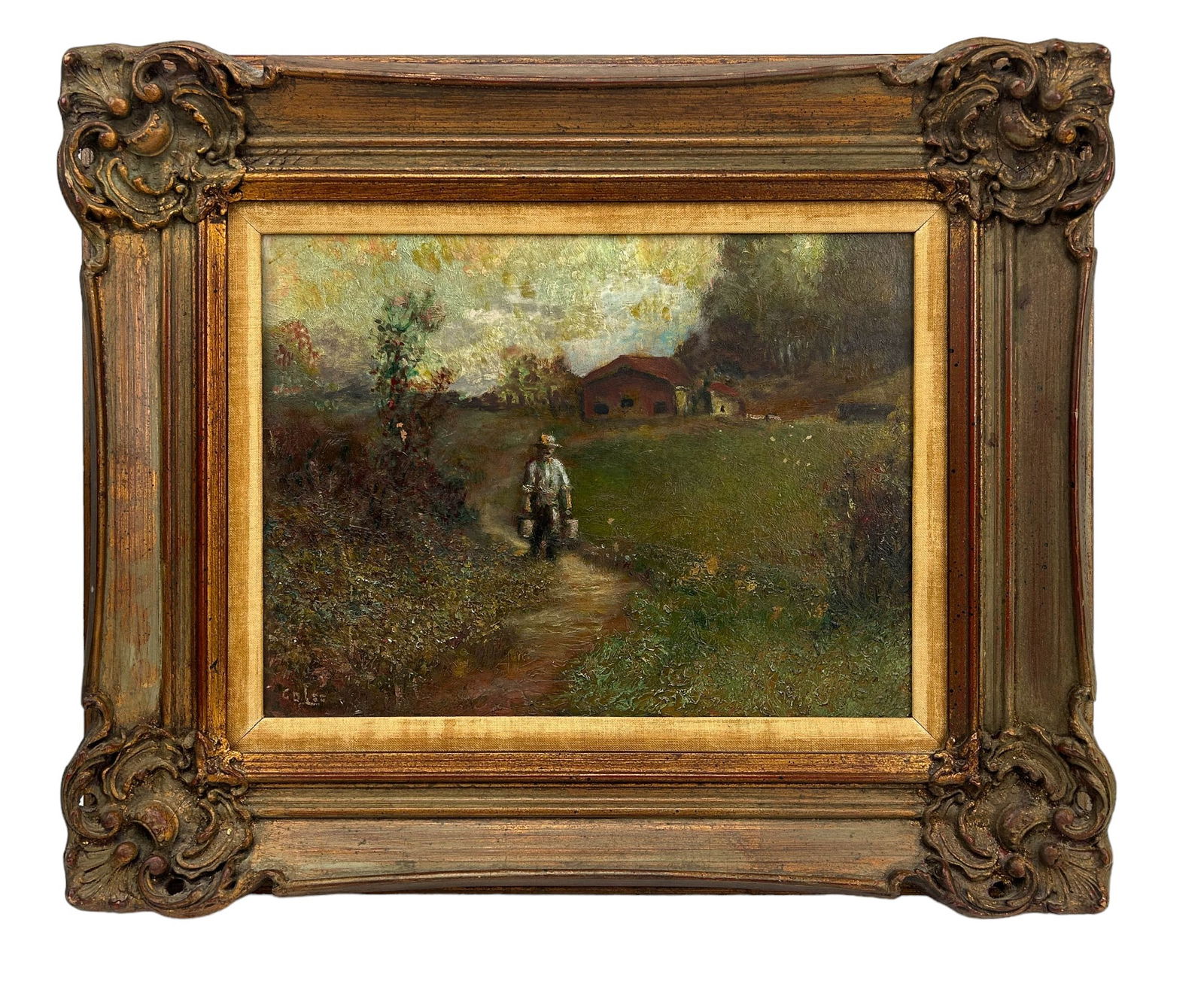 Antique Figural Farm Landscape Oil Painting SIGNED (1 of 4)