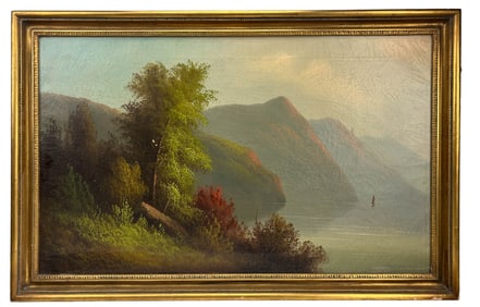Antique Coastal Mountain Landscape Oil Painting