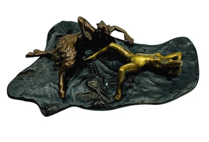 Bronze Satyr w/ Reclining Nude Erotica Sculpture