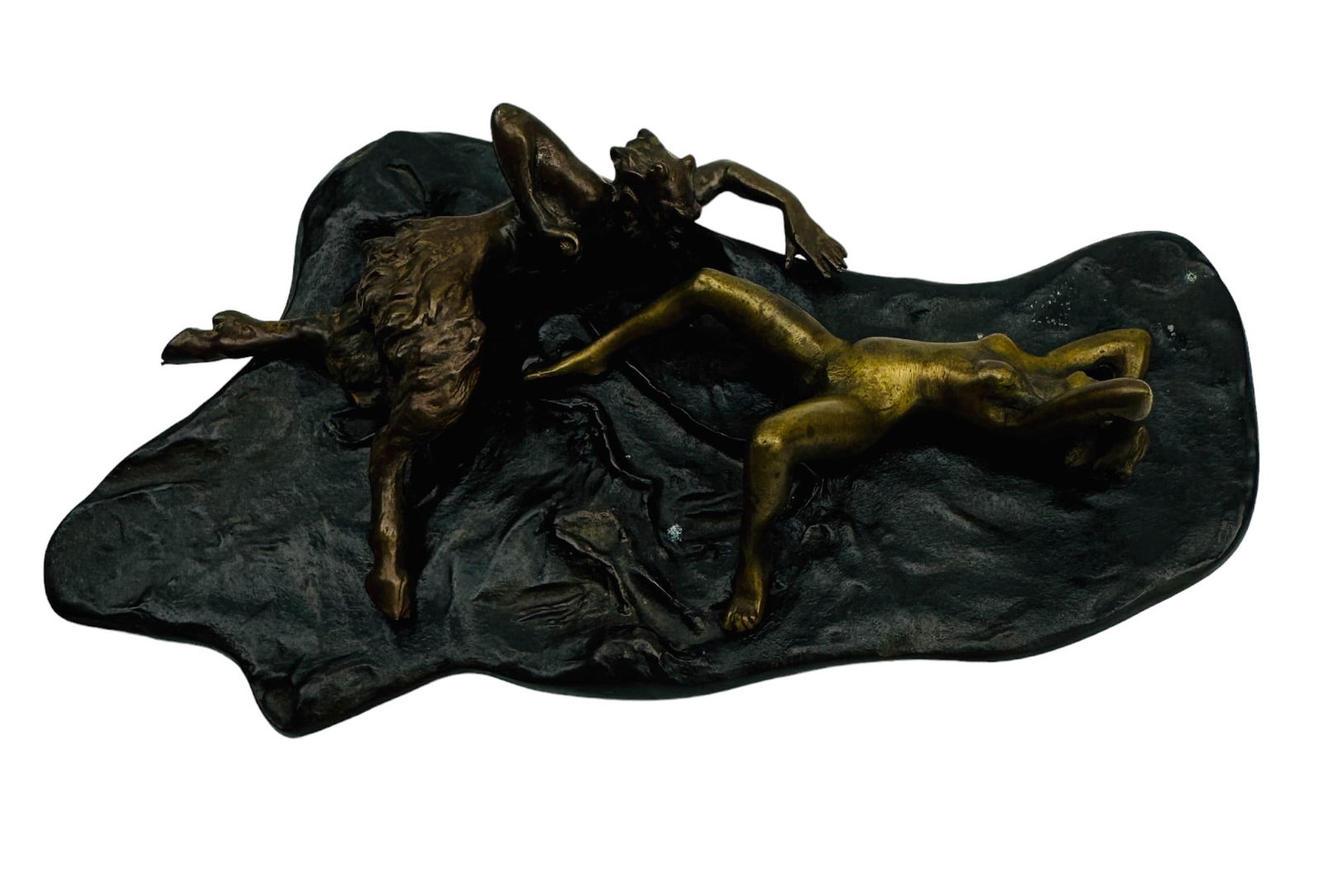 Bronze Satyr w/ Reclining Nude Erotica Sculpture: Early 20th century Austrian style erotic naughty figural sculpture. Depicts a laying down Greek mythological and legendary half man half animal figure by a reclining slender nude laying on her back. B