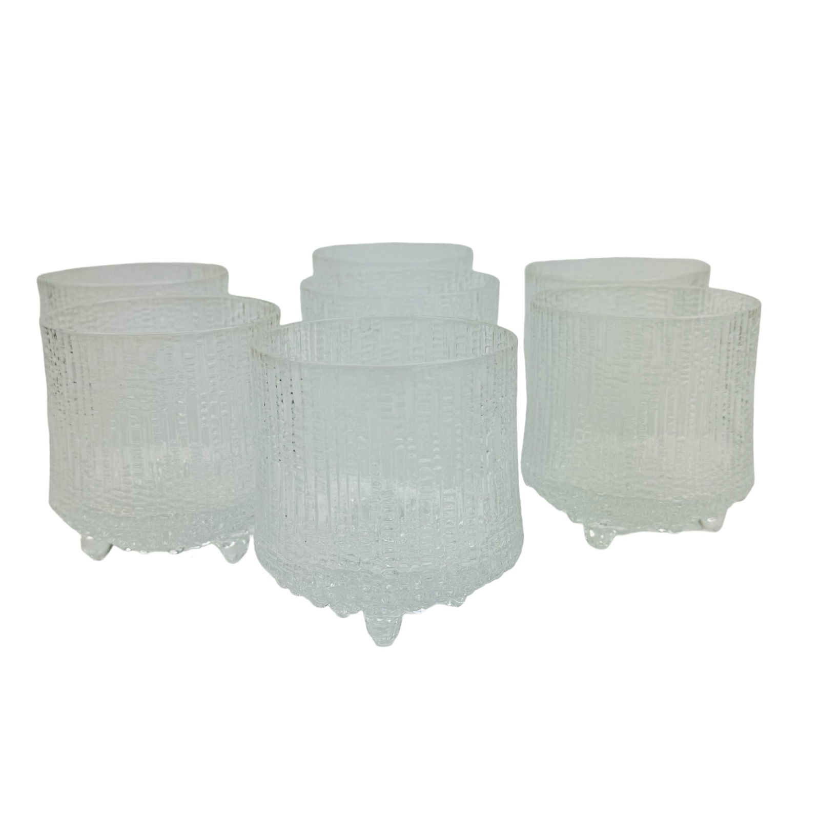 Iittala Finland Ultima Thule On The Rocks Glass 7p: Manufacturer : Iittala. Country of origin : Finland. Pattern : Ultima Thule. Circa : 1960's. Designer : Tapio Wirkkala ( Finish, 1915 - 1985 ). Design features a melting ice textured appearance to eac