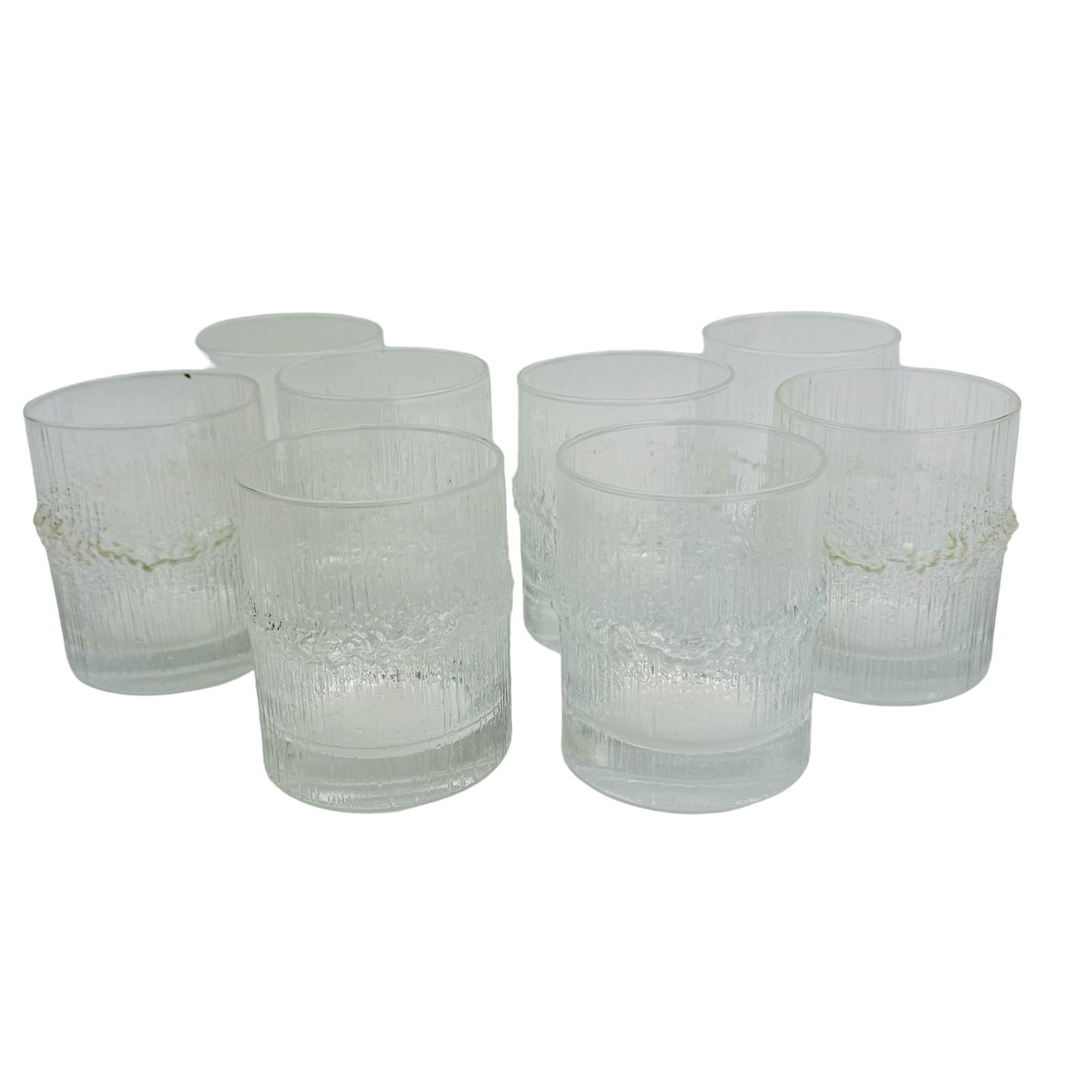 Iittala Finland Niva Old Fashioned Barware Glasses: Set of eight (8) bar barware old fashioned whiskey alcohol liquor glasses. Manufacturer : Iittala. Country of origin : Finland. Pattern : Niva. Production years : 1971 - 1992. Designer : Tapio Wirkkal
