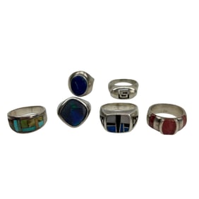 Native American Set Six Sterling & Stone Rings 54g