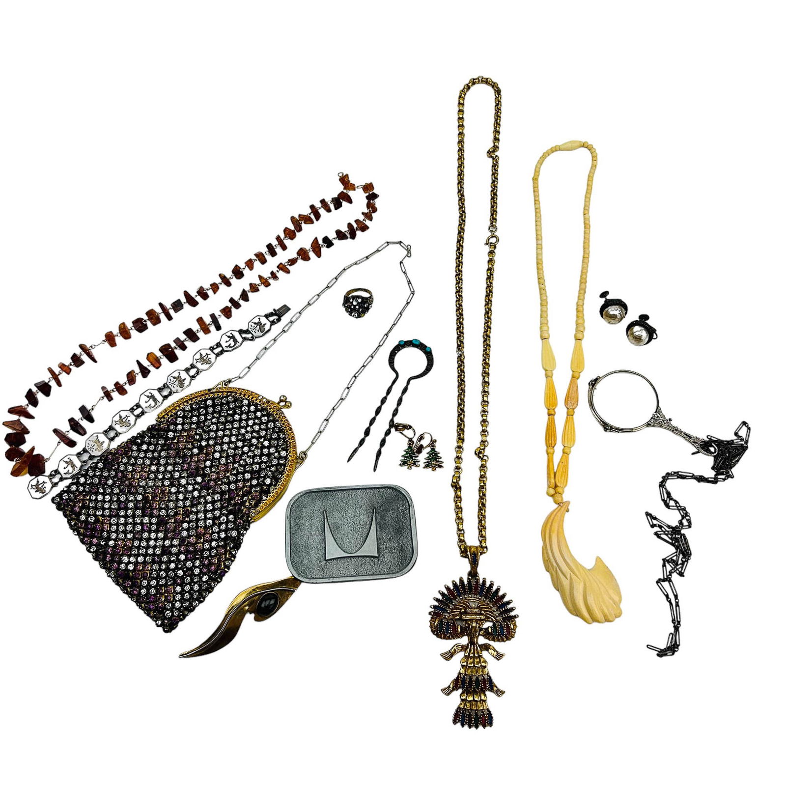 Art Deco Purse Costume Jewelry Necklace Brooch LOT: Estate collection lot of women's costume jewelry and accessories. Includes ~ One (1) Victorian era lorgnette folding opera glasses with hanging chain. One (1) Castlecliff Aztec Mayan pendant necklace.