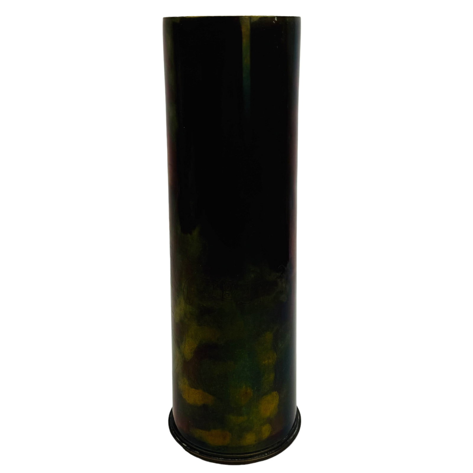 Antique 1917 WW1 Military Trench Art Shell Casing: An original Trench art brass artillery ammunition EMPTY cylinder shaped shell case dated 1917. Body with impressed markings that read Arras April 1917. The closed end Impressed / stamped with OHS, 18P