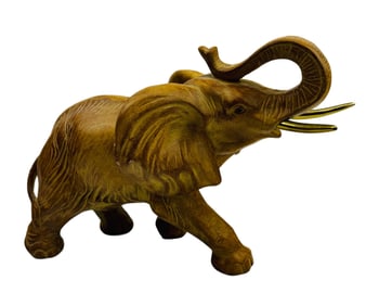 Elephant Trunk Up w Gilt Brass Tusk Wood Sculpture