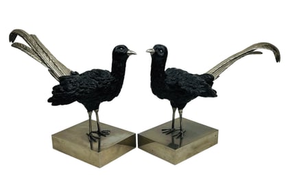 Hollywood Regency Wood Silverplate Bird Sculptures