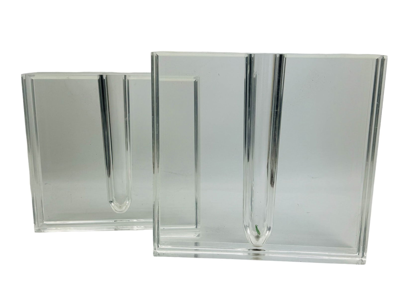 Mid Century Modern Chunky Lucite Acrylic Vases 2pc: Solid, heavy, thick walled, clear and chunky geometric shaped home interior decorative objects. Each with simple rectangular from, the centers with a hollowed out test tube style design. No apparent m