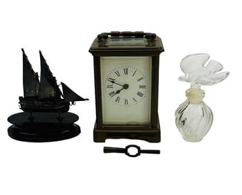French Carriage Clock Silver Ship & Perfume Bottle