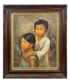 Social Realism Boy Girl Figure Oil Painting SIGNED