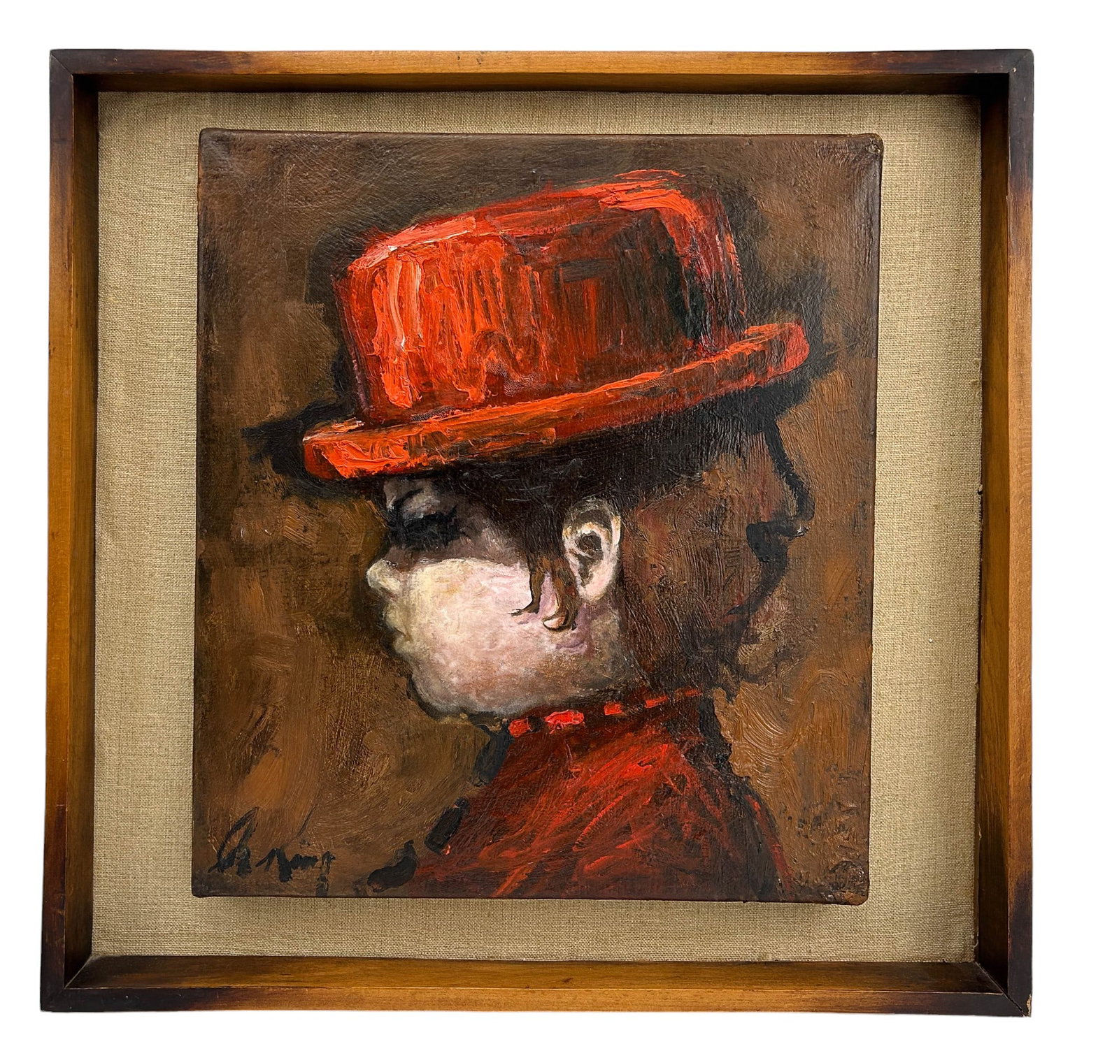 Raymond Rowley King 1927-1984 Portrait Painting: Raymond Rowley King ( American, 1927 - 1984 ) Oil Painting on Canvas. Subject matter depicts the side profile of a young child wearing a bowlers hat. Signed lower right. Verso signed "For Sam" Raymond