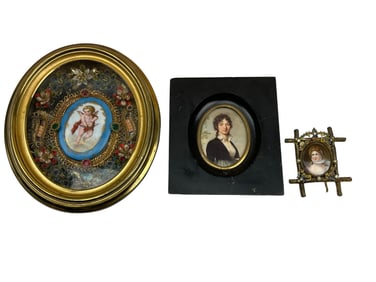 Antique Mini Portrait & Cherub Porcelain Plaque 3p