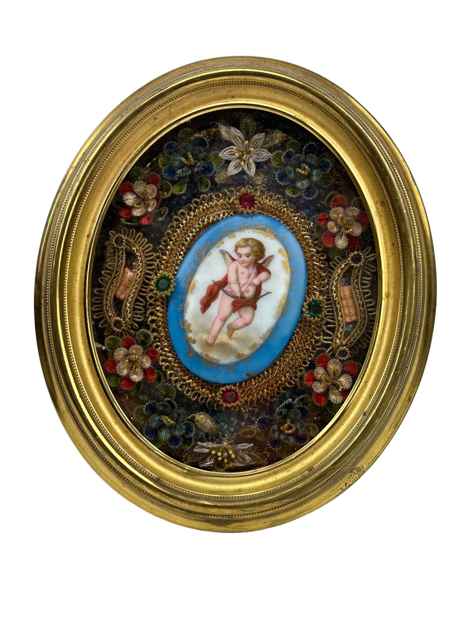 Antique Mini Portrait & Cherub Porcelain Plaque 3p: Late 19th early 20th century estate collection of miniature hand painted porcelain plaques. Lot includes ~ One (1) Portrait of a fair skinned young maiden with a white scar housed in a jeweled gilt br