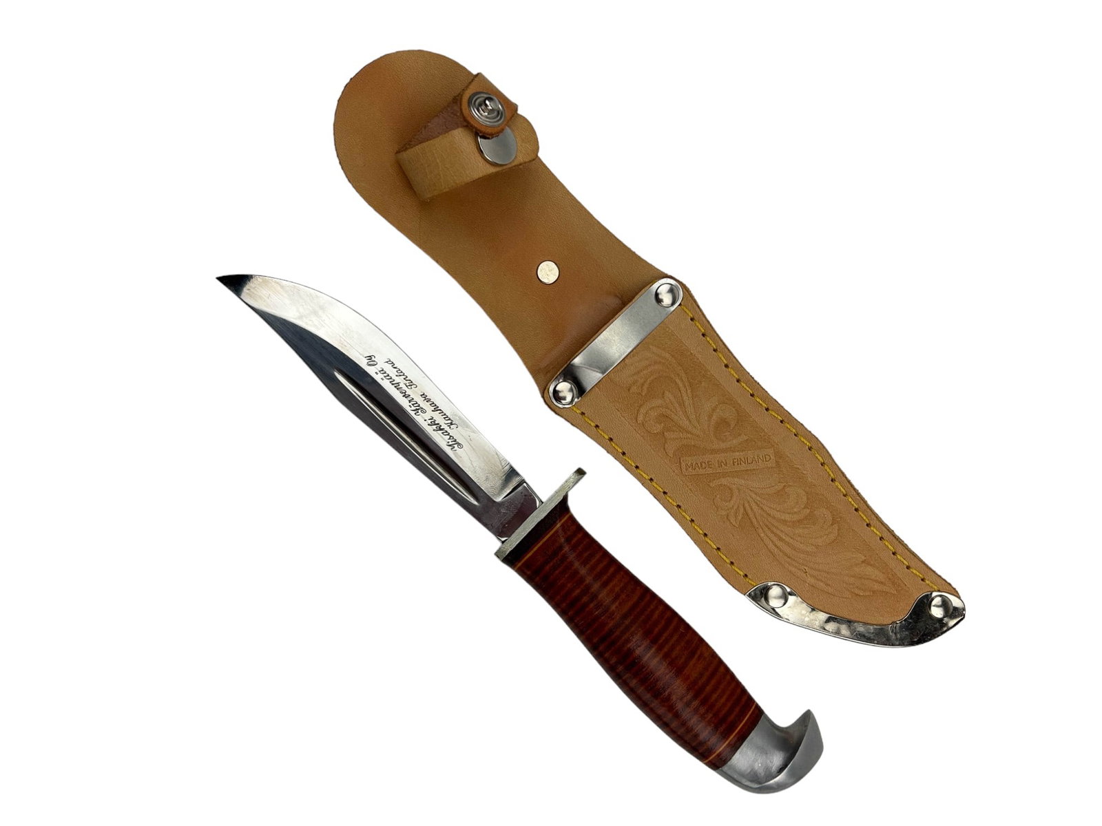 Lisakki Jarvenpaa Finland Utility Hunting Knife: handcrafted traditional Scandinavian knife with a guard and a sheath with a snap. Modeled with a stacked leather handle, contoured and lacquered for a smooth appearance, with aluminum fittings. High c