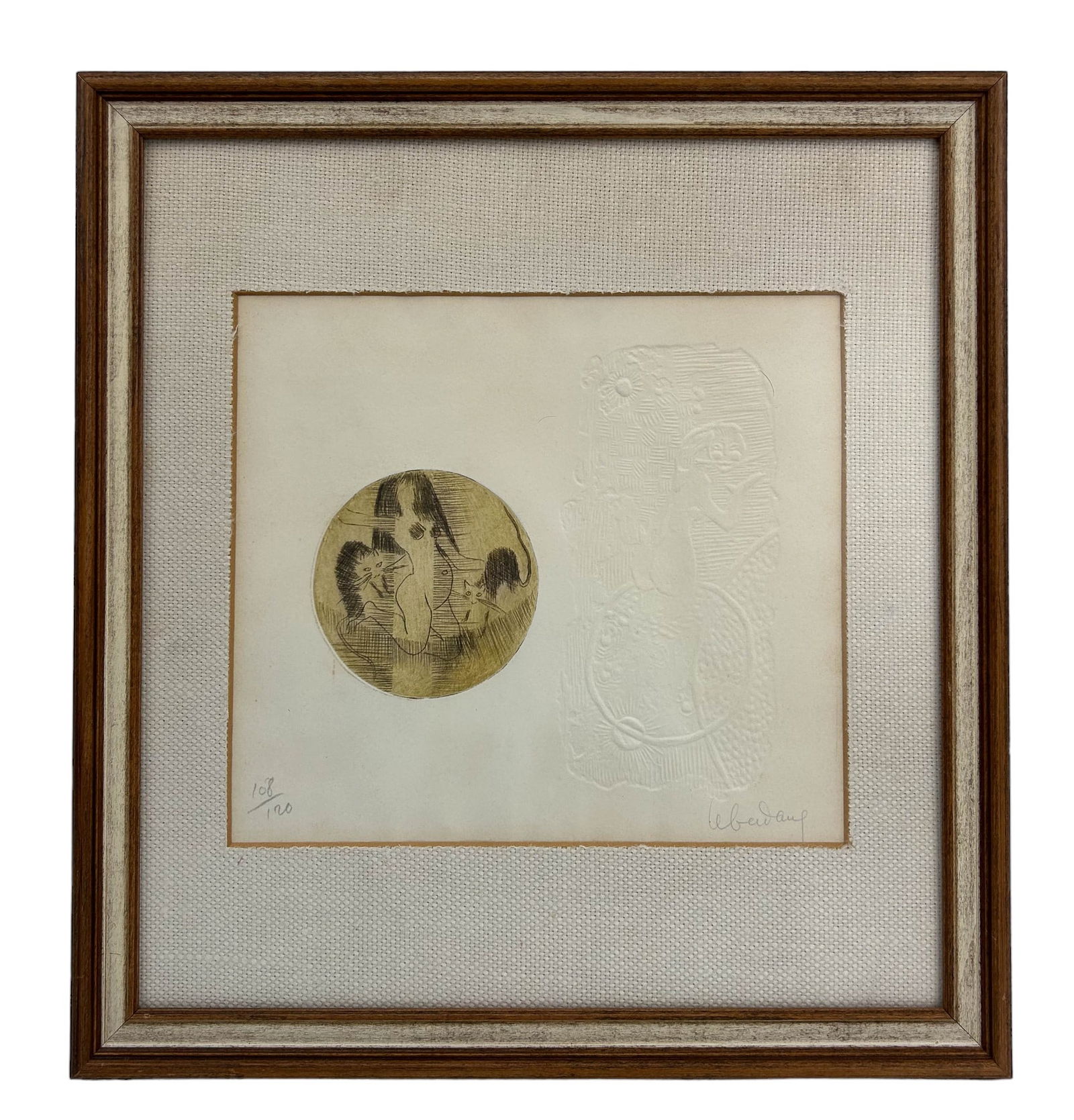 Lebadang 1922-2015 Nude w Cat LE Etching SIGNED: Hoi Lebadang ( Vietnamese, 1922 - 2015 ) Black and White Etching on Paper. Depicts a kneeling nude with long black hair posing with her cats. An embossed image is featured to the side. Pencil signed b