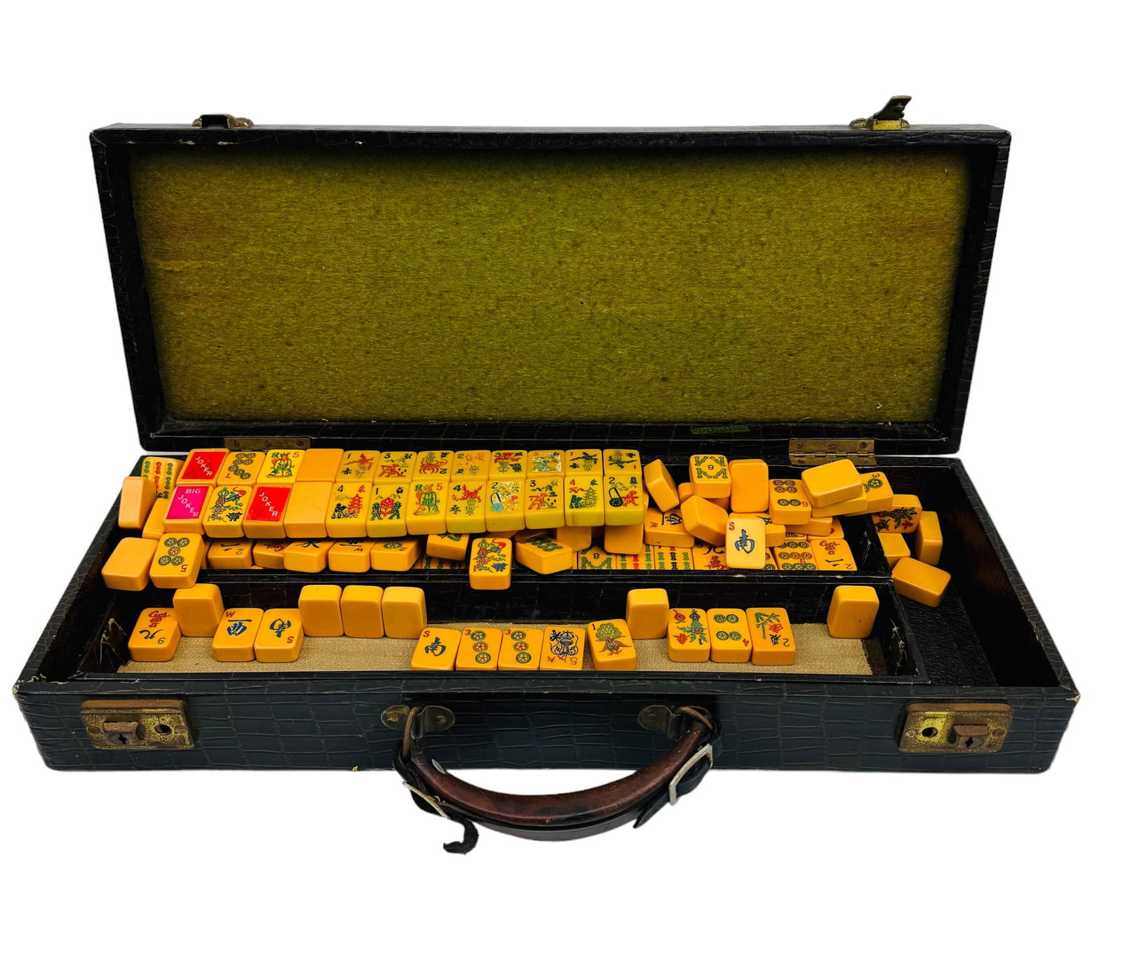 Mah Jong Yellow Egg yolk 169 Bakelite Tiles w Case: 1950's - 60's era popular Chinese origin multiple player board game involving skill, strategy and luck. Includes a total of one hundred and sixty nine (169) egg yolk yellow bakelite tested gaming tile