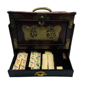 Mahjong Bamboo & Bone Tile Game Set Carry Wood Box