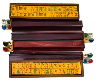 134 Butterscotch Bakelite Mahjong Tiles & 4 Racks