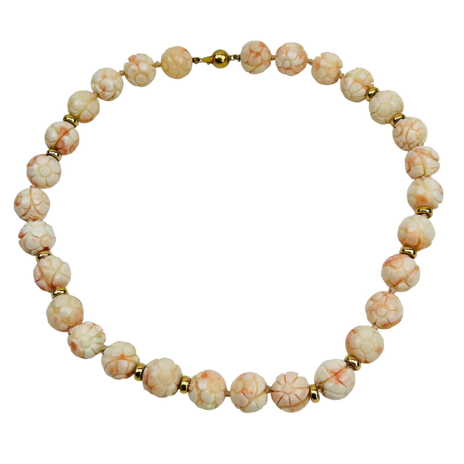 Chinese Carved Angel Skin Coral Necklace 14K Clasp (1 of 4)