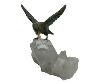 Green Hardstone Exotic Bird on Rock Crystal Base
