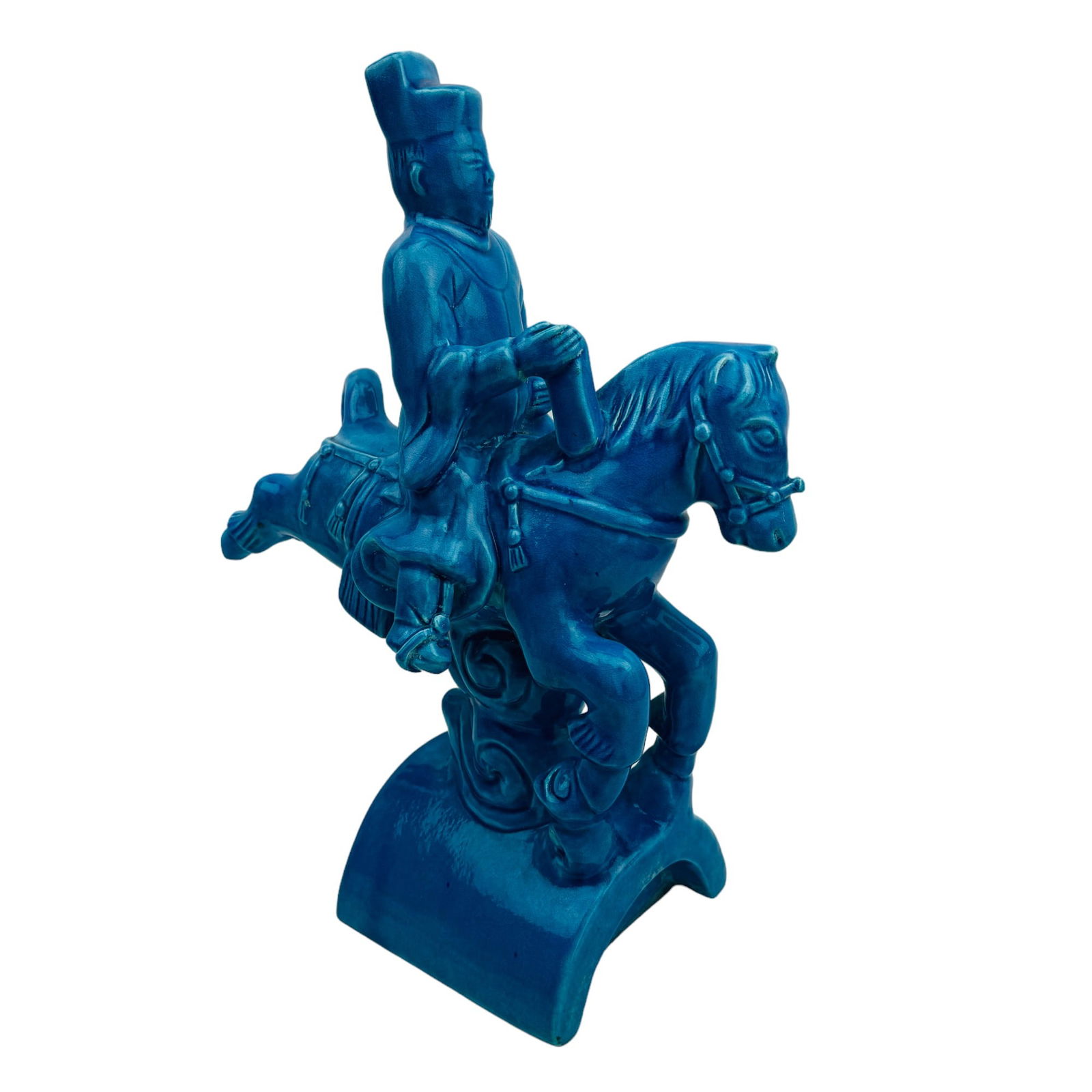 Chinese Blue Porcelain Emperor on Horse Roof Tile (1 of 4)