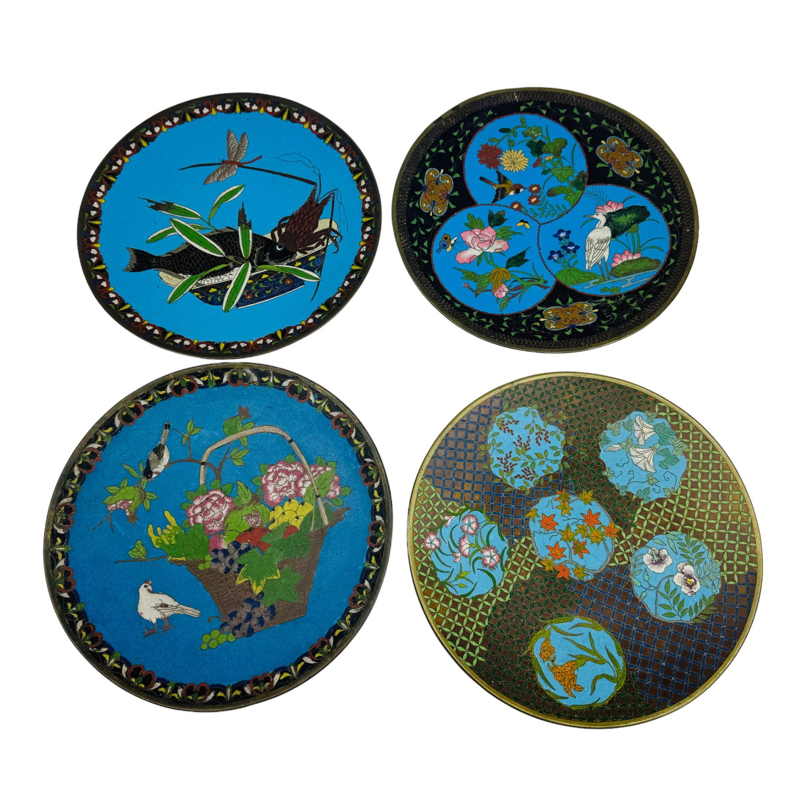 Chinese Cloisonne Enamel Curio Cabinet Plates 4pc: 20th Century Chinese display plates, estate lot of four (4). Each graced with a nature inspired motif featuring birds, insects, dragonfly, lobster, and brightly colored fully bloomed wild flowers, aga