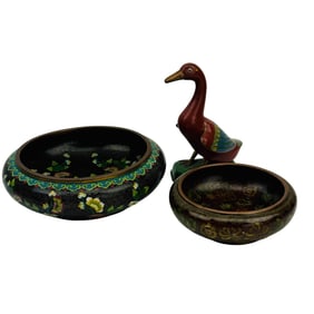 Chinese Cloisonne Enamel Bowls & Duck Figurine 3pc