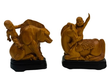 Chinese Carved Boxwood Figural Animal Sculpture 2p