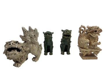 Chinese Foo Dog Ceramic & Hardstone Sculptures 4pc