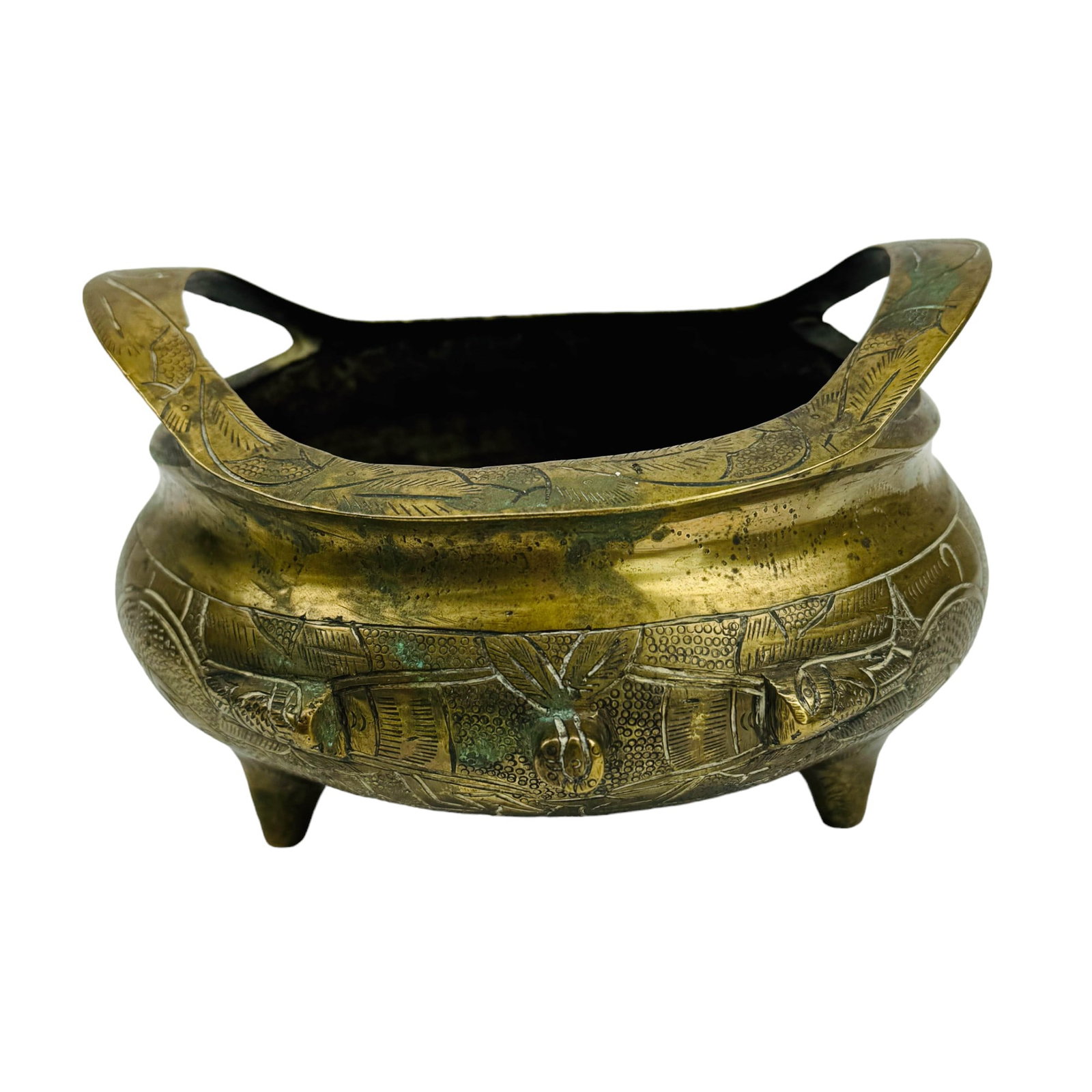Chinese Gilt Brass Etched Incense Burner Censer: handcrafted Chinese censer vessel. Of simple rounded from with cut out handle on opposite sides of the open mouth. Decorated with a continuous etched design around the body. Raised atop three (3) coni