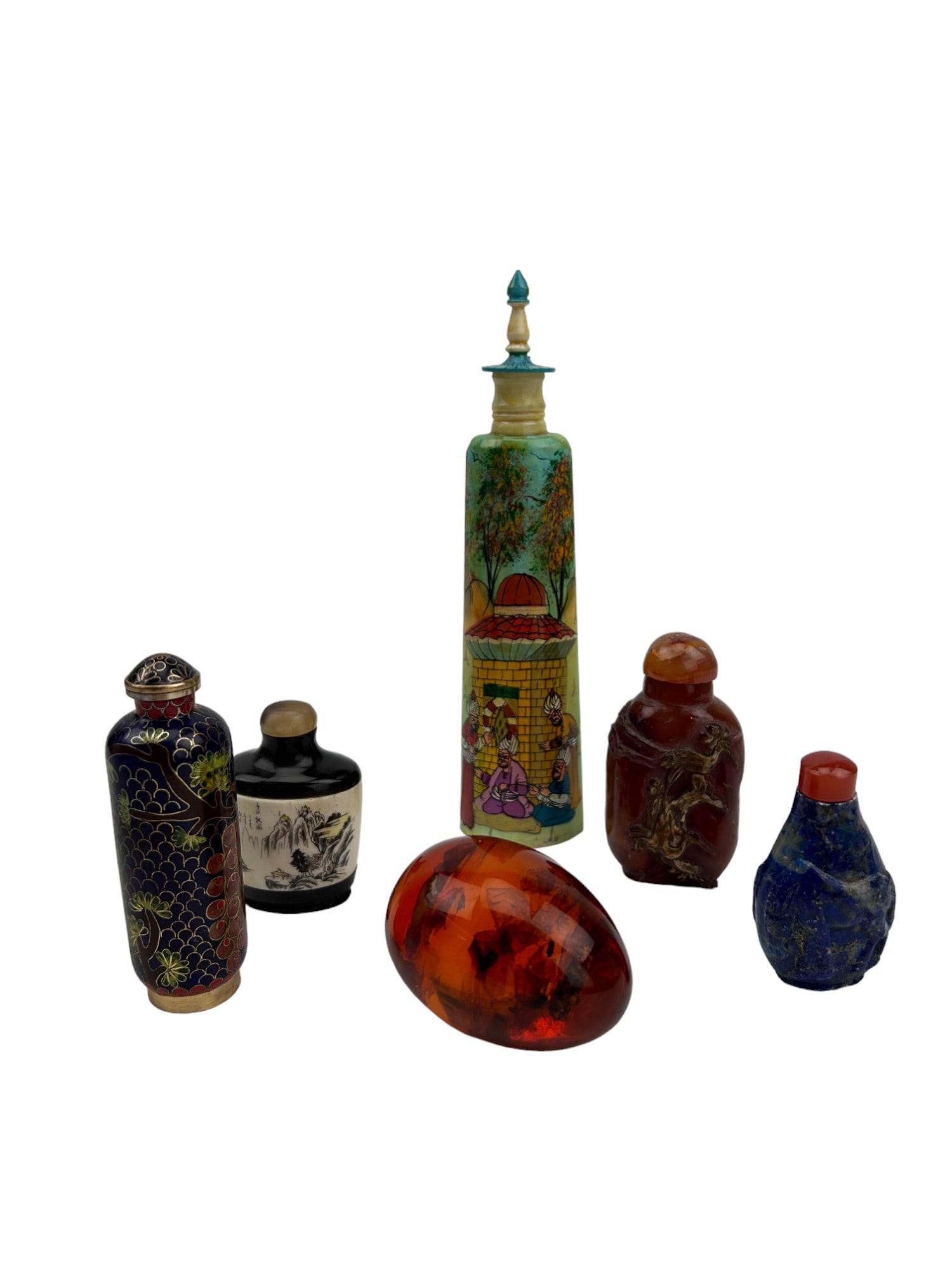LOT of 5 Chinese Snuff Bottles with Amber Egg: This estate collection features five (5) intricately designed snuff bottles, each showcasing unique craftsmanship and artistic style. The lot includes bottles made from various materials such as porce