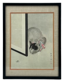 Oide Makoto 1836-1903 Cat Insect Woodblock Print