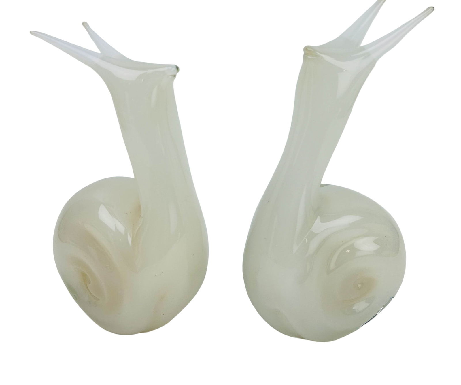 Murano Clambroth Glass Snail Sculpture Bookend PR: 20th century Italian artisan studio hand blown art glass sculptures. Each modeled as a molluscan with distinctive coiled shell and prominent antennae. Both feature a somewhat opaque coloration with a