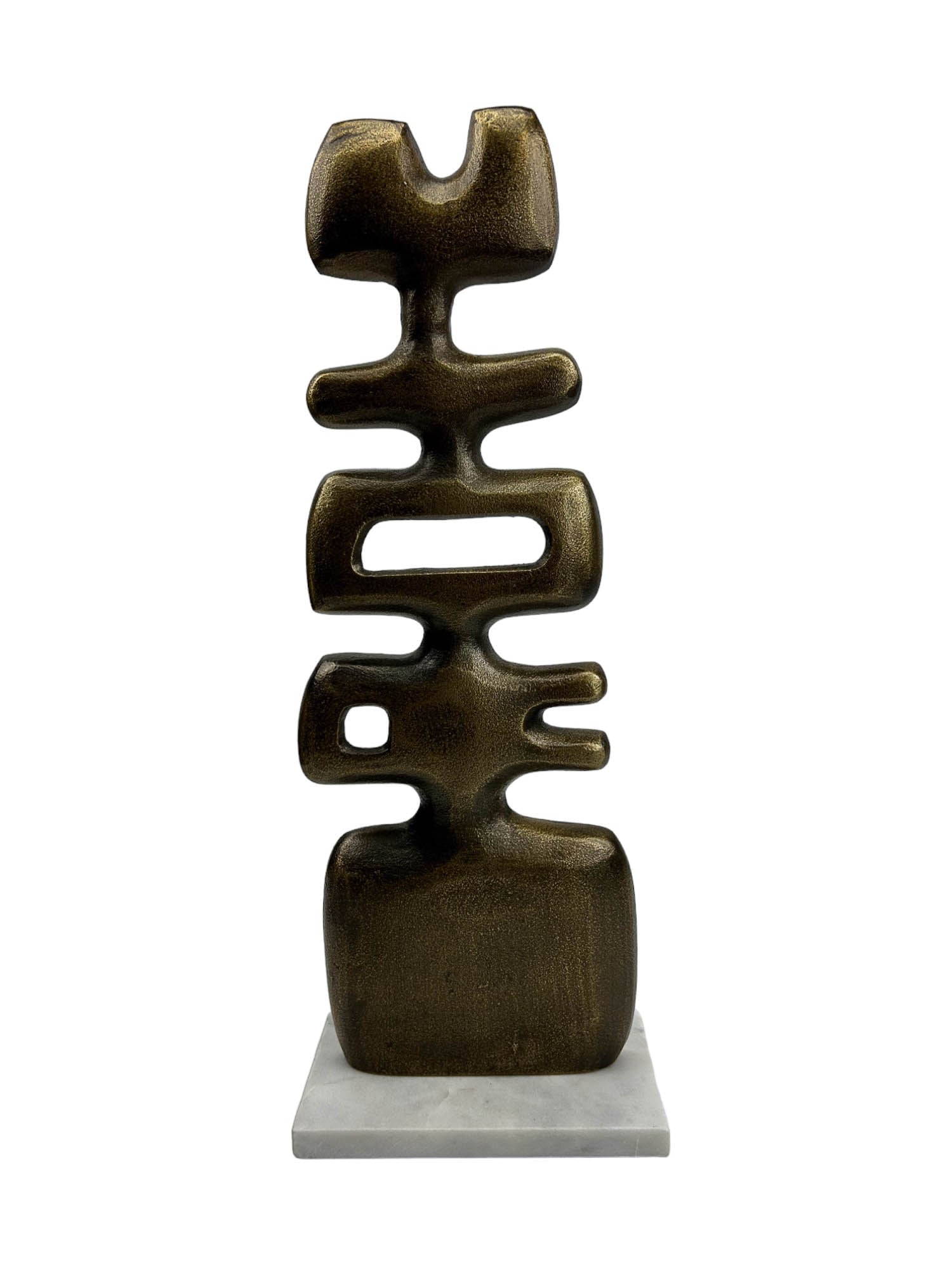 Modernist Abstract Metal Sculpture on Marble Base: An abstract bronze toned metal art sculpture featuring an innovative geometric totem design. The work showcases an elongated form with multiple cutouts, demonstrating a fusion of organic shapes and mo