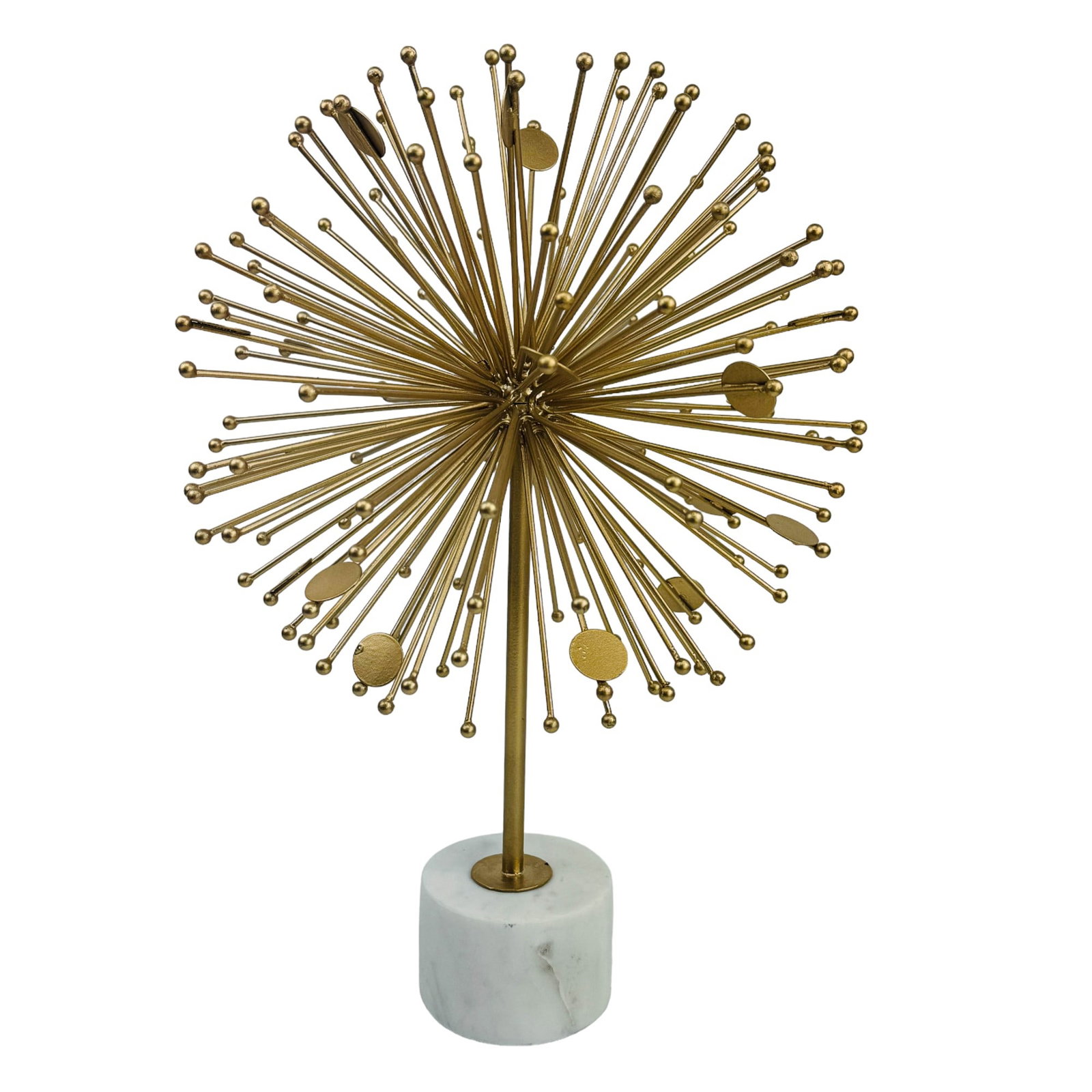 Modern Metal Starburst Sculpture on Marble Base: A modernist sputnik art sculpture featuring a starburst design crafted from gold tone metal rods of varying lengths and circular discs, creating a dynamic and an eye catching piece. The starburst is m