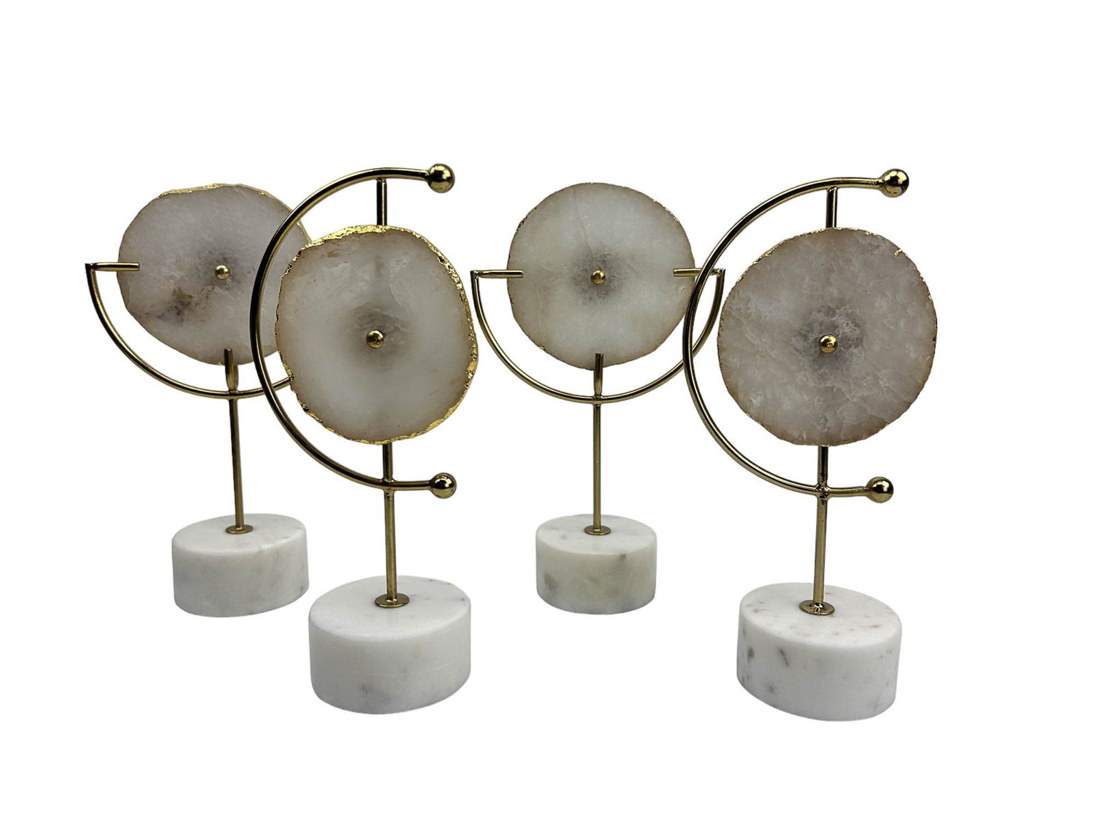 Geode Slice Mineral Abstract Sculptures on Marble: This auction is comprised of a total of four (4) mixed media modernist decorative objects d'art. Each features a naturally occurring geode slice mounted on a gold tone hardware half moon / half circle